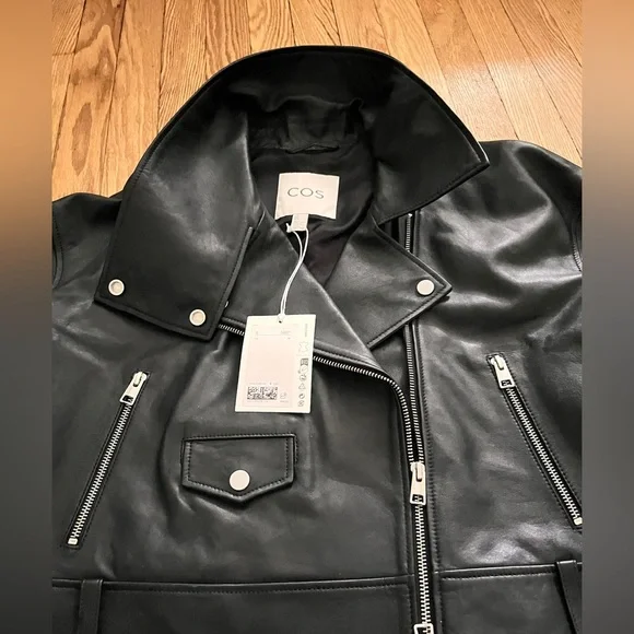 COS Black Cropped Leather Biker Jacket - Picture 3 of 9